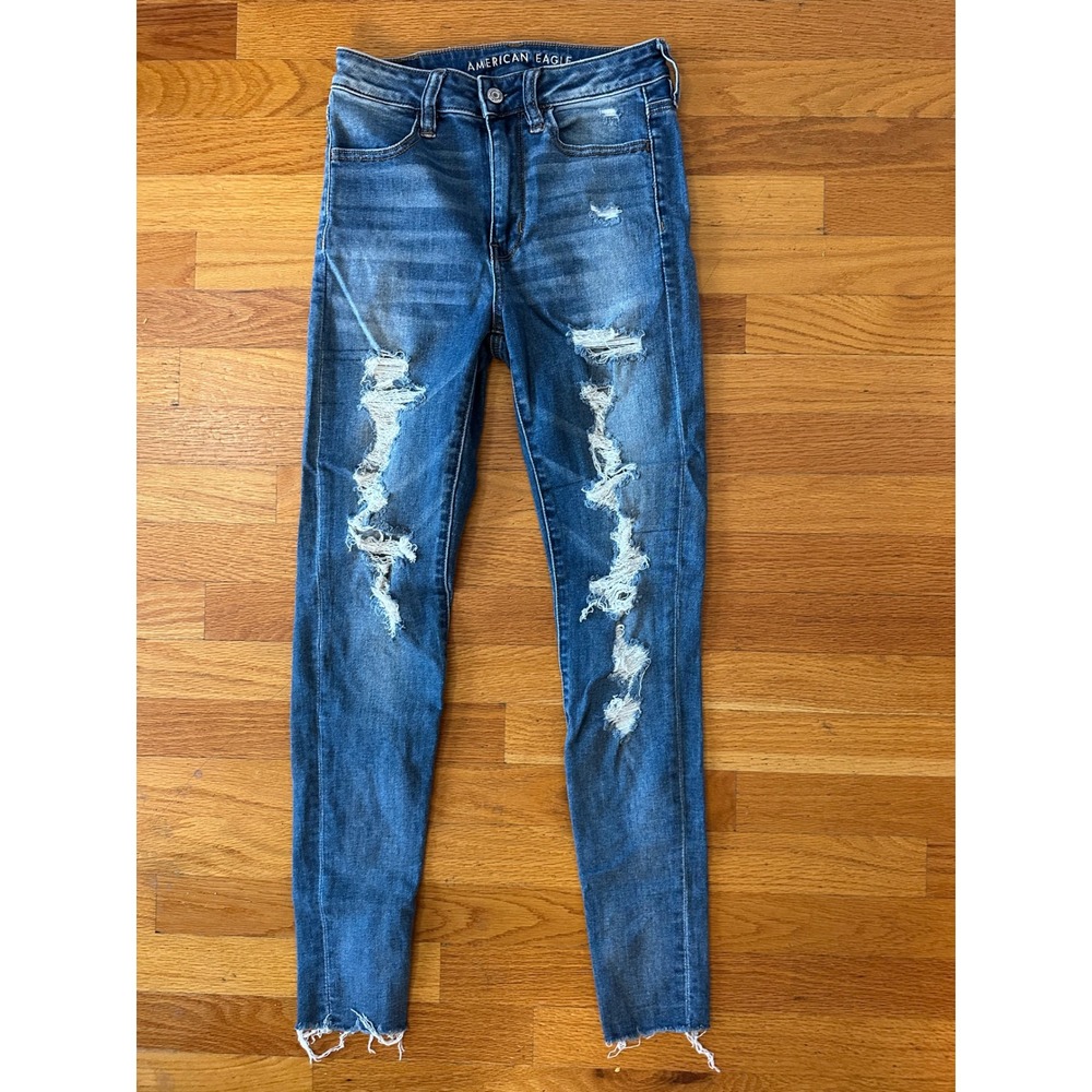 American Eagle Outfitters Super‎ High Waist Jegging Jeans Blue Distressed Size 2